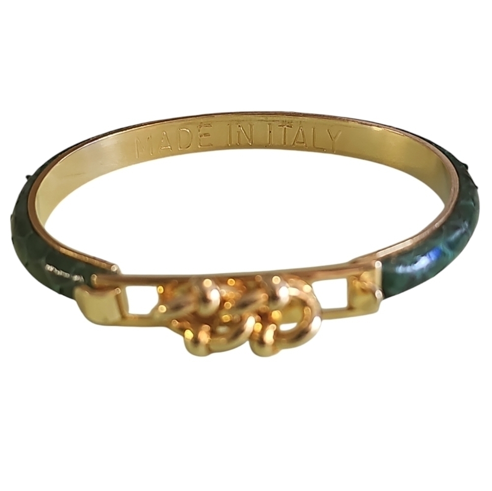 Made In Italy Green Leather Cuff Gold Tone Two Link Chain Bracelet